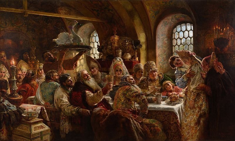 Konstantin Makovsky, A Boyar Wedding Feast, 1883. Oil on canvas, 240 cm × 390 cm (94 in × 150 in). Hillwood Estate, Museum, and Gardens, Washington D.C. 